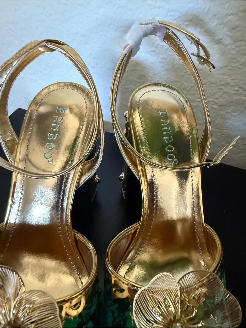 BAMBOO Gold-Trim Emerald Floral Platform Sandals